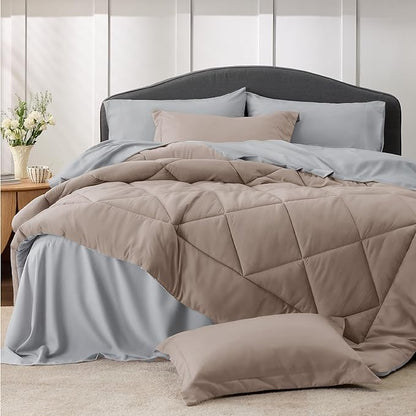 Bedsure Taupe Twin XL Comforter Set - 5 Pieces Reversible Twin XL Bed in a Bag Twin XL Bed Set with Comforters, Sheets, Pillowcase & Sham, Twin XL Bedding Sets - LeafyLoom