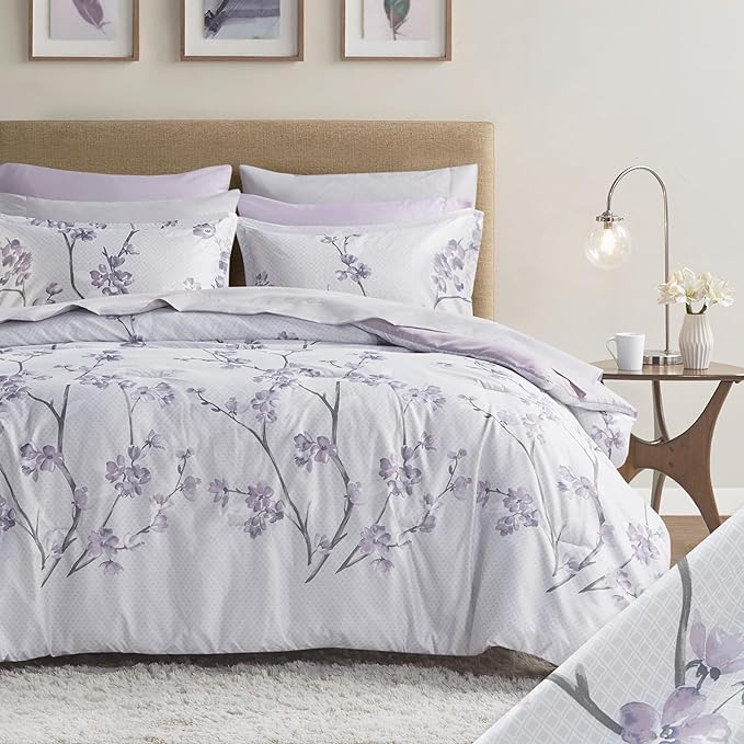 Comfort Spaces Bed in A Bag - Trendy Casual Design Cozy Comforter with Complete Sheet Set with Side Pocket, All Season Cover, Matching Shams King(104"x90"), Kate, Grey/Purple 9 Piece - LeafyLoom