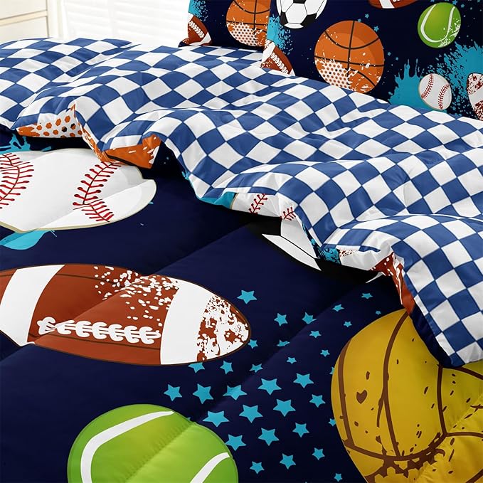 Kids Boys Comforter Set Twin Bed in a Bag w/Sheet Sets, Blue Twin Bedding Sets for Teens Soccer Basketball Baseball Football Sports Themed Bedroom Decor Reversible Design - LeafyLoom