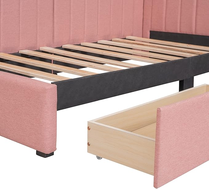 Twin Size Upholstered Daybed with Headboard and 2 Storage Drawers Underneath, Modern Linen Fabric Day Bed Frame for Bedroom/Living Room/Guestroom, Pink - LeafyLoom