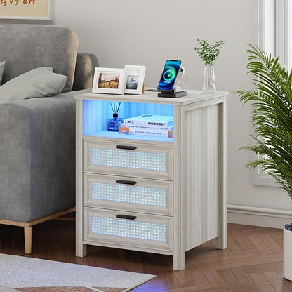 Rattan Nightstand with Charging Station, Night Stand with 3 Drawers and Open Shelf, Bed Side Table with LED Lights for Bedroom, Living Room, Grey - LeafyLoom