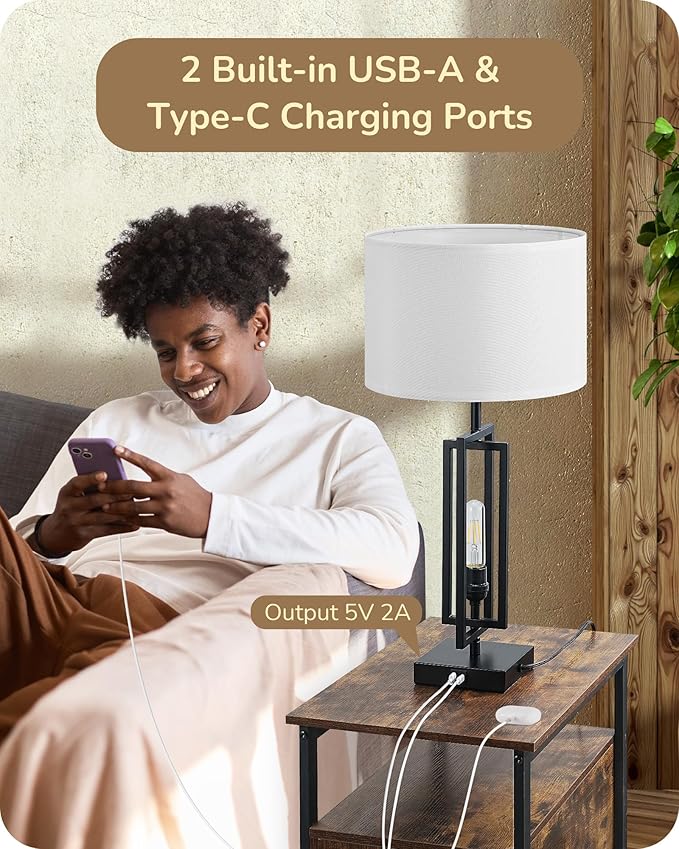 EDISHINE 25.6" Farmhouse Table Lamp with Night Light, Rustic Bedside Lamp Set of 2, A+C USB Ports, Touch 3-Way Dimmable Nightstand Lamp for Living Room, Bedroom, Home Decor - LeafyLoom