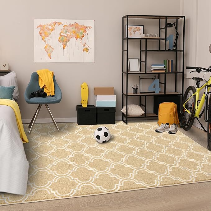 Chicrug Shag Geometric Modern Area Rug for Living Room, 4x6 Feet Large Memory Foam Indoor Carpet, Fluffy Rug for Bedroom Bedside Room Decor for Family Girls Kids Nursery, Beige/White - LeafyLoom