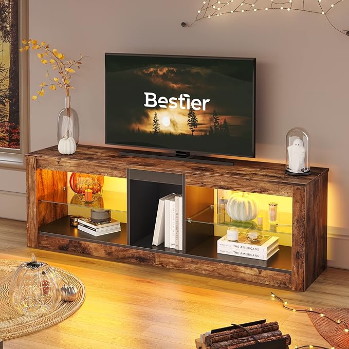 Bestier Entertainment Center Gaming TV Stand for 55 Inch+ TV LED Television Stand with 2 Adjustable Glass Shelves PS Game Console Cabinet for Living Room, Rustic Brown - LeafyLoom