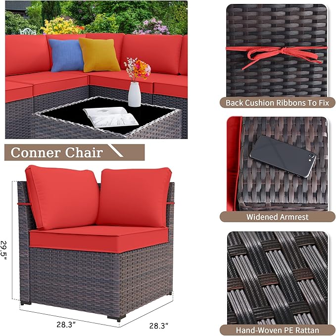 Patio Furniture Sectional Sofa Set 13-Pieces PE Rattan Patio Conversation Set w/43in Gas Fire Pit Table, Outdoor Furniture with 55000 BTU Propane Fire Pit, Red - LeafyLoom