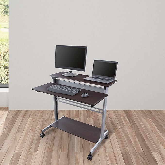 Stand Up Desk Store Rolling Adjustable Height Two Tier Standing Desk Computer Workstation (Silver Frame/Dark Walnut Top, 40" Wide) - LeafyLoom