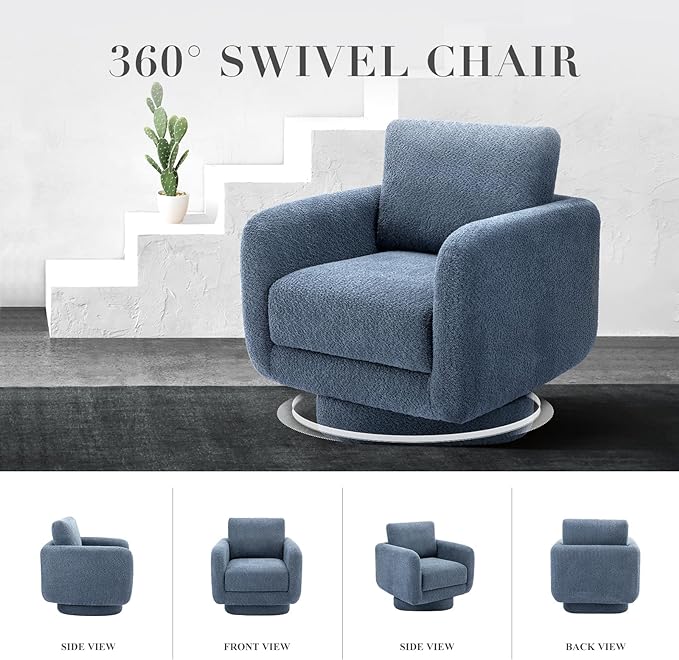 COLAMY Swivel Accent Chairs for Living Room, 32Inches Wide Upholstered Armchair with Plush Back Pillow, Modern Sofa Corner Barrel Chair for Nursery/Living Room/Bedroom-Blue - LeafyLoom