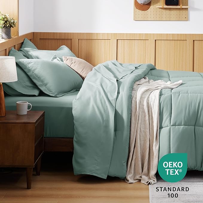 Bedsure Sage Green Queen Comforter Set - 7 Pieces Solid Queen Bed in a Bag, Queen Bed Set Sage Green with Quilted Warm Fluffy Comforters, Sheets, Pillowcases & Shams - LeafyLoom