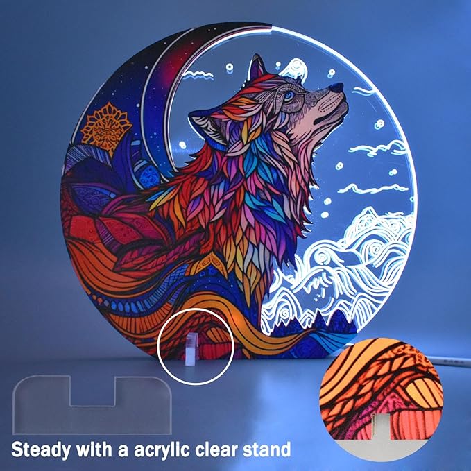 Cute Wolf Decor Night Light USB Powered LED Night Lights for Kids Bedroom 7 Colors LED Lamp Wooden Night Lamp for Room Decor Aesthetic - LeafyLoom