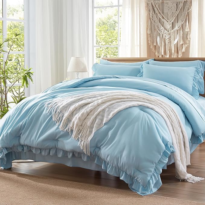 Anluoer Queen Comforter Set 7 Piece, Blue Bed in a Bag with Sheets, All Season Ruffle Shabby Chic Bedding Sets with 1 Comforter, 2 Pillow Shams, 2 Pillowcases, 1 Flat Sheet, 1 Fitted Sheet - LeafyLoom