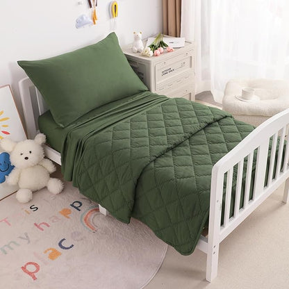 NTBAY Toddler Bedding Set - 4 Piece Soft and Breathable Crib Bedding Set for Boys and Girls, Includes Quilted Comforter, Fitted Sheet, Flat Top Sheet and Envelope Pillowcase, Olive Green - LeafyLoom