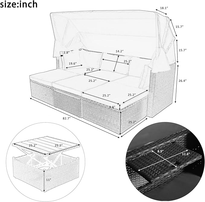 Patio Rectangle Daybed with Retractable Canopy and Lift Up Side Table, PE Rattan Wicker Outdoor Furniture Sectional Sofa Set Sunbed w/Ottoman for Garden, Onesize, Grey Rattan&Blue Cushions - LeafyLoom