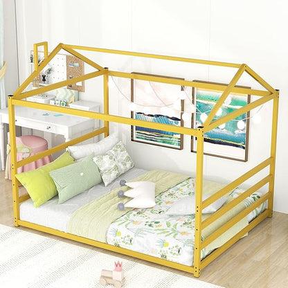 Queen Size Metal Floor Bed for Kids,Montessori Floor Bed with Roof,House Bed Frame for Boys Girls,Metal House Shape Platform Bed,Gold - LeafyLoom