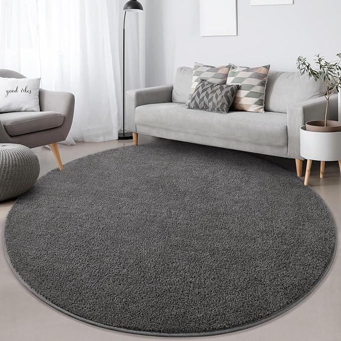 Round Area Rugs for Bedroom Living Room, 5x5 Dark Grey Super Soft Comfy Thickened Memory-Foam Indoor Circle Carpet, Modern Aesthetic Minimalist Carpet for Boys Girls Adults Nursery Home Décor - LeafyLoom