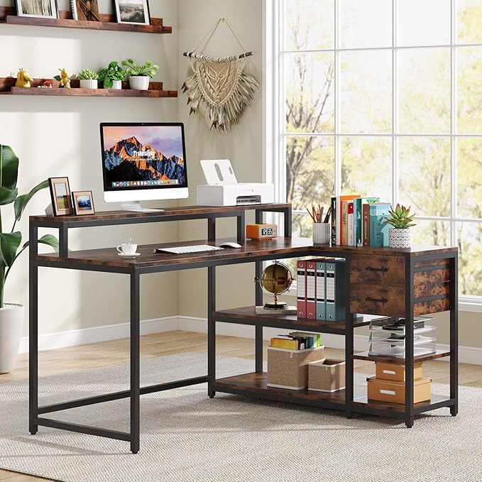 Reversible L-Shaped Computer Desk with hutch & Shelf,rustic - LeafyLoom