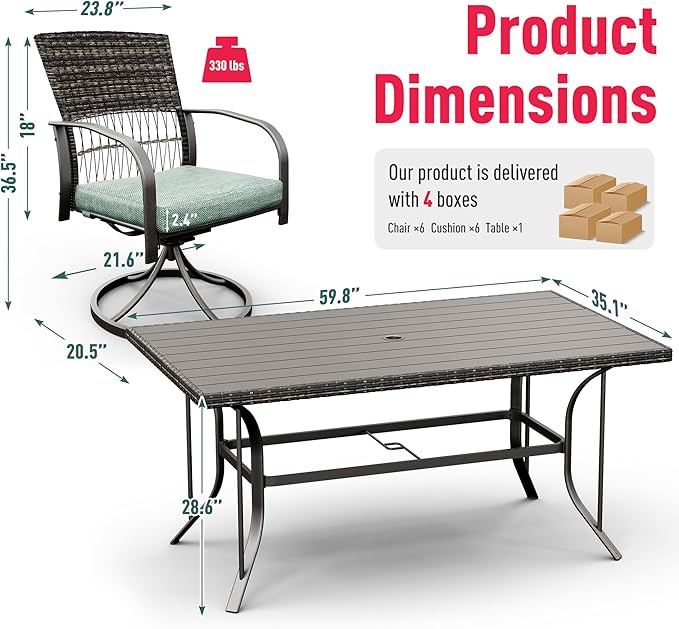 Pamapic 7 Piece Patio Dining Set for 6,Outdoor Wicker Furniture Set for Backyard Garden Deck Poolside with 6 Cushions Swivel Rocker Chairs,Iron Slats Table Top, Removable Cushions(Green) - LeafyLoom