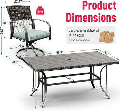 Pamapic 7 Piece Patio Dining Set for 6,Outdoor Wicker Furniture Set for Backyard Garden Deck Poolside with 6 Cushions Swivel Rocker Chairs,Iron Slats Table Top, Removable Cushions(Green) - LeafyLoom