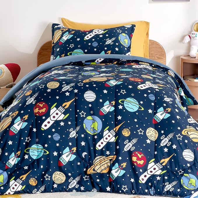 SLEEP ZONE Kids Twin Bedding Comforter Set - Super Cute & Soft Kids Bedding 5 Pieces Set with Comforter, Sheet, Pillowcase & Sham (Rocket Galaxy) - LeafyLoom