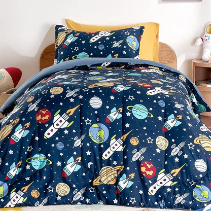 SLEEP ZONE Kids Bedding Comforter Set Full/Queen Size - Super Cute & Soft Kids Bedding 7 Pieces Set with Comforter, Sheet, Pillowcase & Sham (Rocket Galaxy) - LeafyLoom