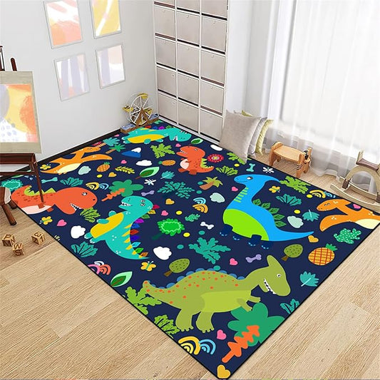 Dinosaur Rugs for Boys Bedroom Cute Dinosaur Area Rug and Leaves Print Dinosaur Rug Kids Rug Play Rug Dinosaur Carpets Cartoon Rug for Playroom Classroom,Blue 5'×7' - LeafyLoom