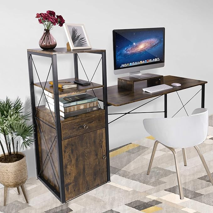 Becko US Computer Desk 63 Inch with Drawer & Storage Shelves, Home Office Desk with Removable Monitor Stand, Writing Gaming Table for Home Office (Rustic Brown) - LeafyLoom