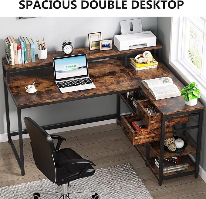 Reversible L-Shaped Computer Desk with hutch & Shelf,rustic - LeafyLoom