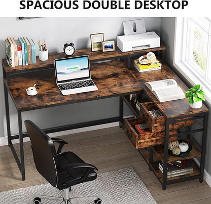 Reversible L-Shaped Computer Desk with hutch & Shelf,rustic - LeafyLoom