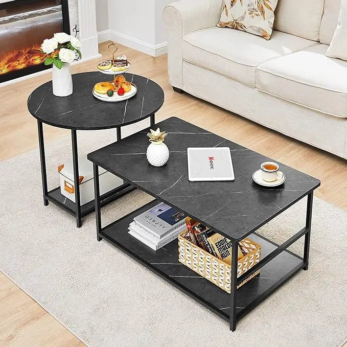 WOHOMO Coffee Table, Black Modern Coffee Tables for Living Room 2 in 1Detachable Small Center Table Set with Storage, Black Marble - LeafyLoom