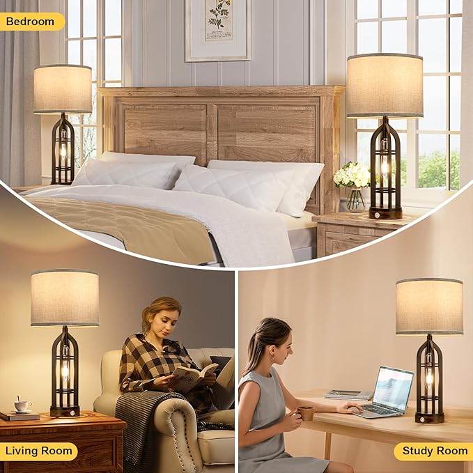 Table Lamp for Living Room - Grey Farmhouse Lamps for Night Stands with USB C+A, 3 Way Dimmable End Table Lamps Set of 2, Vintage Bedside Lamp for End Tables, Rustic Nightstand Lamps for Bedroom - LeafyLoom