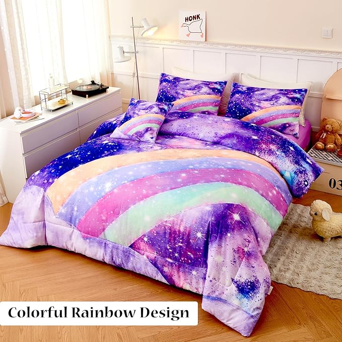 6Pcs Purple Rainbow Twin Size Bedding Set for Girls Gradient Glitter Kids Comforter Sets Tie Dye Girls Bed Set Sparkle Galaxy Bed in A Bag with Sheets - LeafyLoom