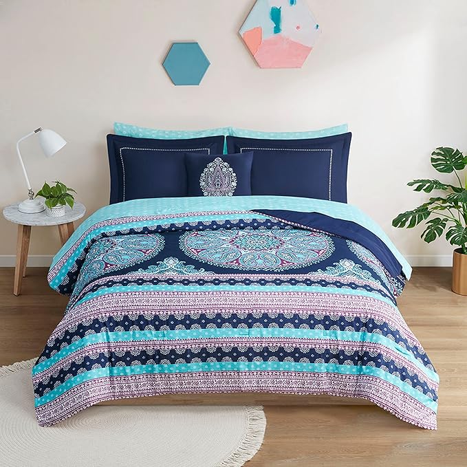 Degrees of Comfort Full Size Comforter Sets with Sheets, Blue Boho Mandala Teenage Girl Bedding, Bohemian Bed in A Bag, Microfiber Bed Set 8 Piece, Matching Decorative Pillow, Navy - LeafyLoom