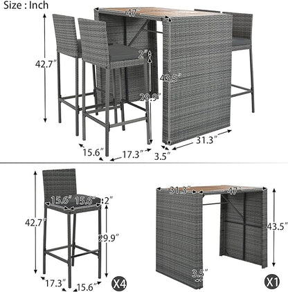 Outdoor Dining Set for 4, Rattan Patio Table with Acacia TableTop, Bar-Height Chairs, Fixed Rope, Removable Cushion, Garden Furniture, Onesize, Brown Wood+Gray Wicker - LeafyLoom