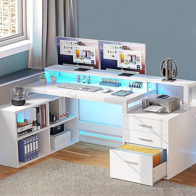 YITAHOME L Shaped Desk with 3 Drawers, 65" Corner Computer Desk with Power Outlets & LED Lights, L-Shaped Desk with File Cabinet & Printer Stand for Home Office, White - LeafyLoom