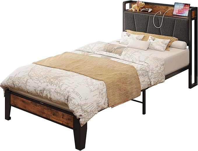 LIKIMIO Twin XL Bed Frames, Storage Headboard with Charging Station, Solid and Stable, Noise Free, No Box Spring Needed, Easy Assembly - LeafyLoom