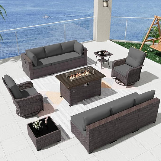 Patio Furniture Sectional Sofa Set 11-Pieces PE Rattan Swivel Rocking Chairs Patio Conversation Set w/43in Gas Fire Pit Table, Outdoor Furniture with 55000 BTU Propane Fire Pit, Grey - LeafyLoom