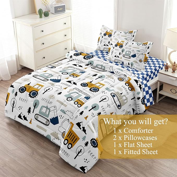 5-Pcs Construction Full Size Boys Bedding Set, Kids Comforter Set for Teens w/Sheets and Pillowcase, Soft Cartoon Tractor Cars Bed in a Bag Sets - LeafyLoom