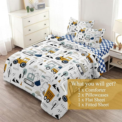 5-Pcs Construction Full Size Boys Bedding Set, Kids Comforter Set for Teens w/Sheets and Pillowcase, Soft Cartoon Tractor Cars Bed in a Bag Sets - LeafyLoom