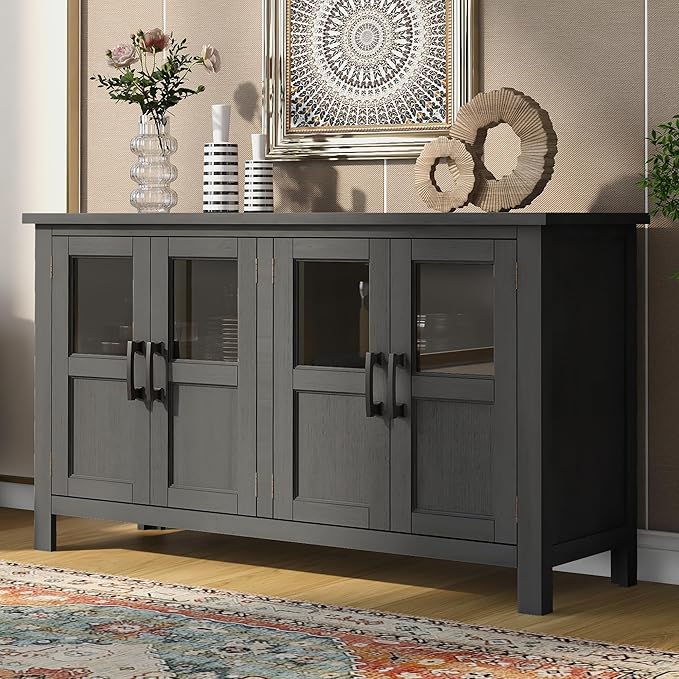 Merax Farmhouse Sideboard Buffet Cabinet with Storage, 4 Door Wood Cupboard w/Adjustable Shelves, Console Table for Kitchen, Dining/Living Room, Grey - LeafyLoom