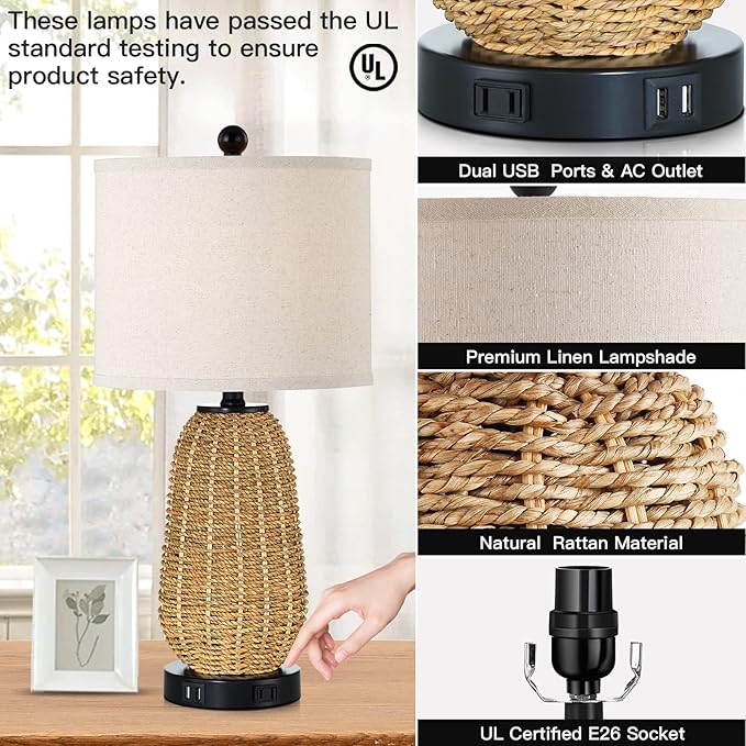 Touch Control Rattan Table Lamps, 3 Way Dimmable Bedside Lamps for Bedroom Set of 2 with 2 USB Ports and AC Outlet, Grass Rope Nightstand Lamps for Living Room Office (2 LED Bulbs Included) - LeafyLoom