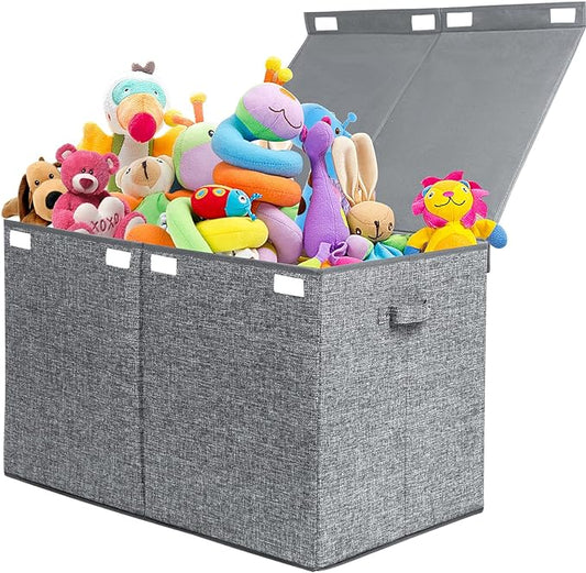 popoly 122L Large Toy Box Chest with Lid, Foldable Toy Storage Organizer Bin Boxes with Removable Divider for Kids, Boys, Girls, Nursery, Playroom, 26"x17" x17"(Linen Gray) - LeafyLoom