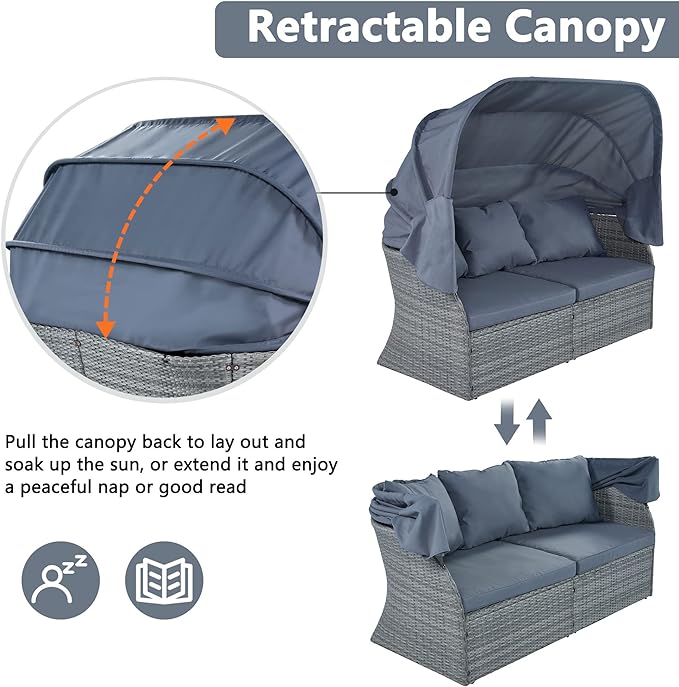 Rectangle Furniture Daybed Sunbed with Retractable Canopy, Outdoor Wicker Conversation Set with Cushions for Patio, Backyard, Porch, Garden, Hc-Gray - LeafyLoom