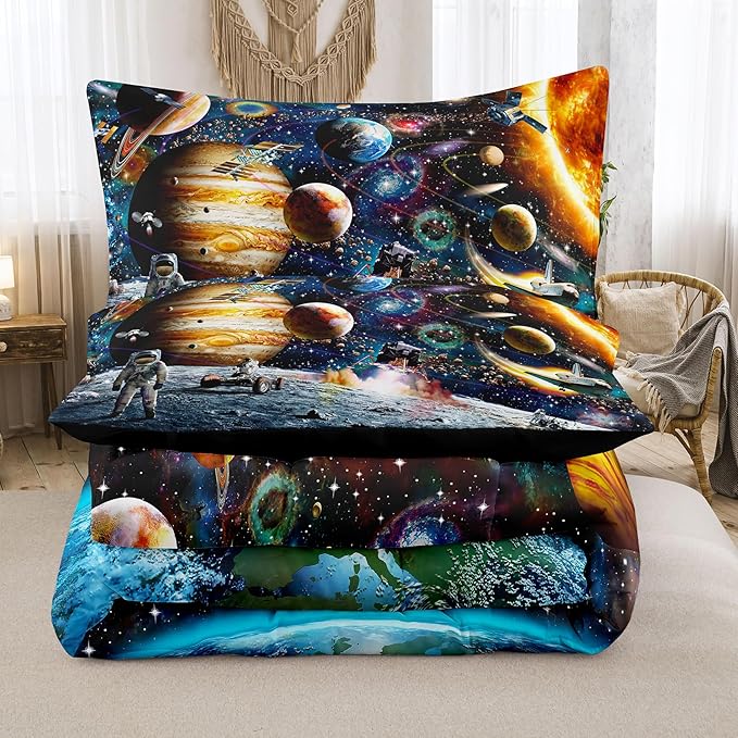 Tailor Shop 5 Pcs Outer Space Comforter Sets Queen Bed in A Bag for Teen Boys Kids,Galaxy Bedding Set with Space Sheets Fitted Bed Sheet (1 Comforter, 1 Flat Sheet, 1 Fitted Sheet, 2 Pillowcases) - LeafyLoom