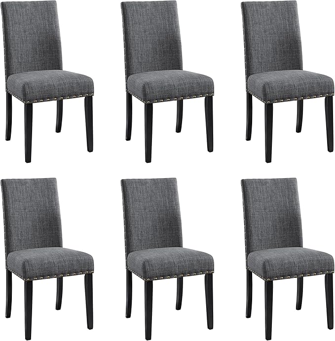 New Classic Furniture Crispin Dining Chair (Set of Six), 100% Polyester Granite Gray Fabric with Espresso Legs - LeafyLoom