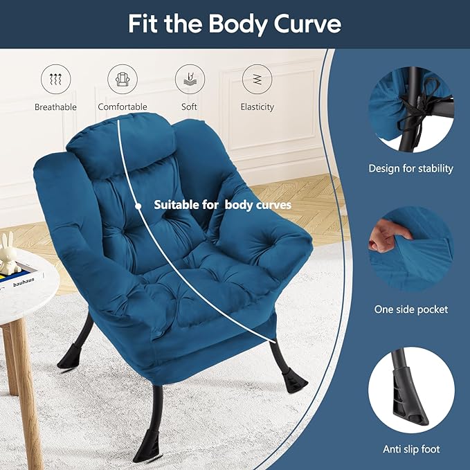 Fabric Lazy Chair Large Accent Chair,Velvet Frabic Modern Lounge Reading Chair with Armrests & Side Pocket,Upholstered Armchair for Living Room,Bedroom,Dorm,Blue - LeafyLoom