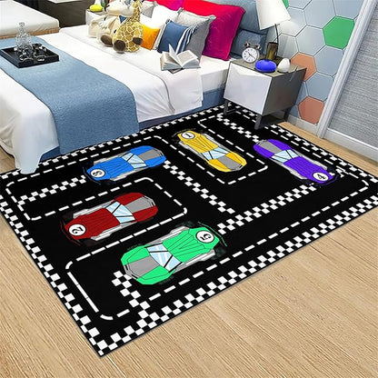 Car Rug Race Car Rug Car Track Rugs for Boys Race Track Carpet Race Car Track Rug Car Rug for Boys Room Car Rug Play Mat Car Carpet for Kids Rugs for Boys Bedroom,Black 4'5''×6' - LeafyLoom