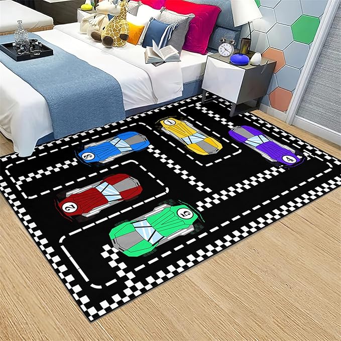 Car Rug Race Car Rug Car Track Rugs for Boys Race Track Carpet Race Car Track Rug Car Rug for Boys Room Car Rug Play Mat Car Carpet for Kids Rugs for Boys Bedroom,Black 2'5''×4' - LeafyLoom