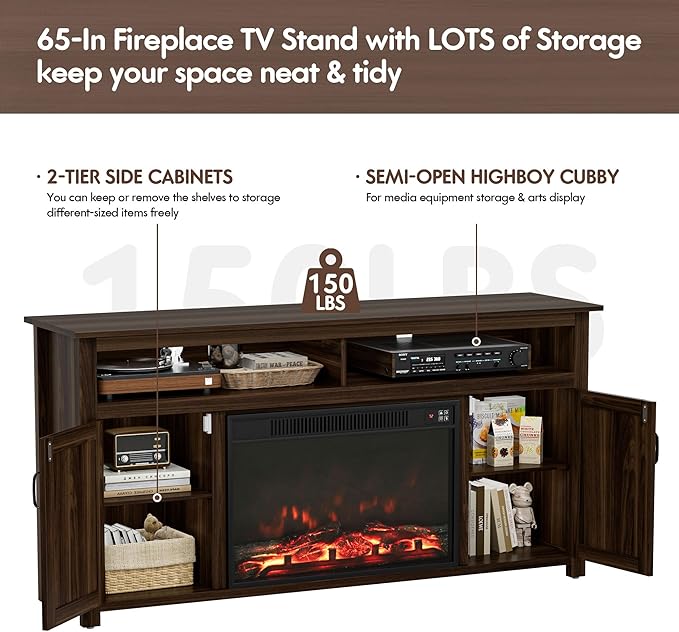 YESHOMY Fireplace TV Stand for Television up to 65+ Inch with Storage and Farmhouse Barn Doors, Entertainment Center with Cabinet and Shelves, Media Console for Living Room, Walnut - LeafyLoom