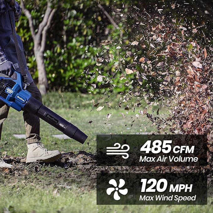 DongCheng Cordless Leaf Blower, 485 CFM Variable Speed & Turbo Mode, 3 Nozzles, Shoulder Strap, 4.0Ah Battery and Charger Included, Battery Powered Leaf Blower for Town Care, Patio and Blowing Leaves - LeafyLoom