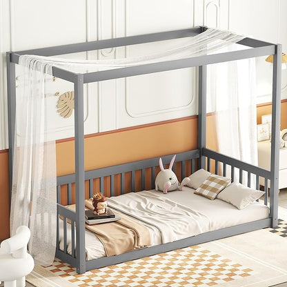 Twin Size Canopy Bed Frame with Guardrails for Kids,Floor Bed Twin with Four Poster Design,Kids Montessori Floor Bed,Wood Canopy Bed Frame for Girls,Boys(Twin,Grey) - LeafyLoom