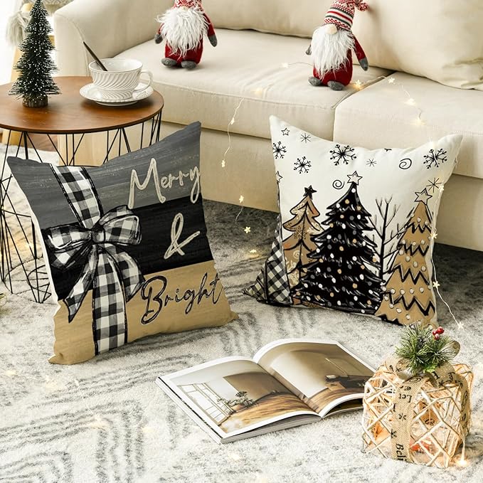 AVOIN colorlife Merry Christmas Joy Xmas Trees Brown Throw Pillow Covers, 18 x 18 Inch Christmas Winter Holiday Cushion Case Decoration for Sofa Couch Set of 4 AVOINcolorlife